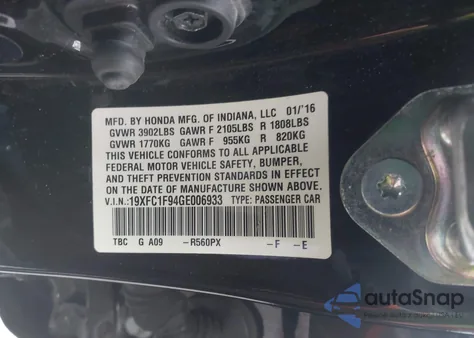 2016 Honda Civic Touring z USA, uszkodzony, nr VIN 19XFC1F94GE006933